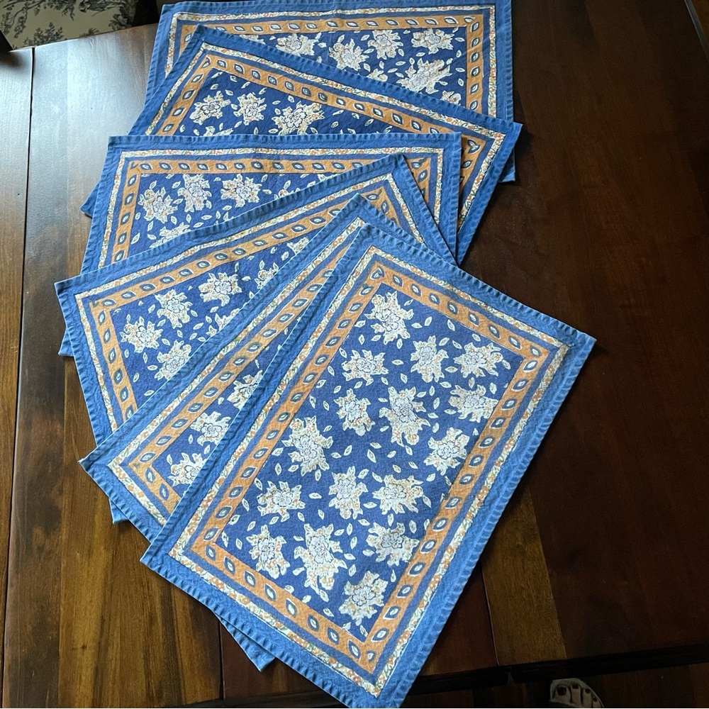 Pomegranate Inc Brand Block Print Blue White and Peach Placemats Set Of 6